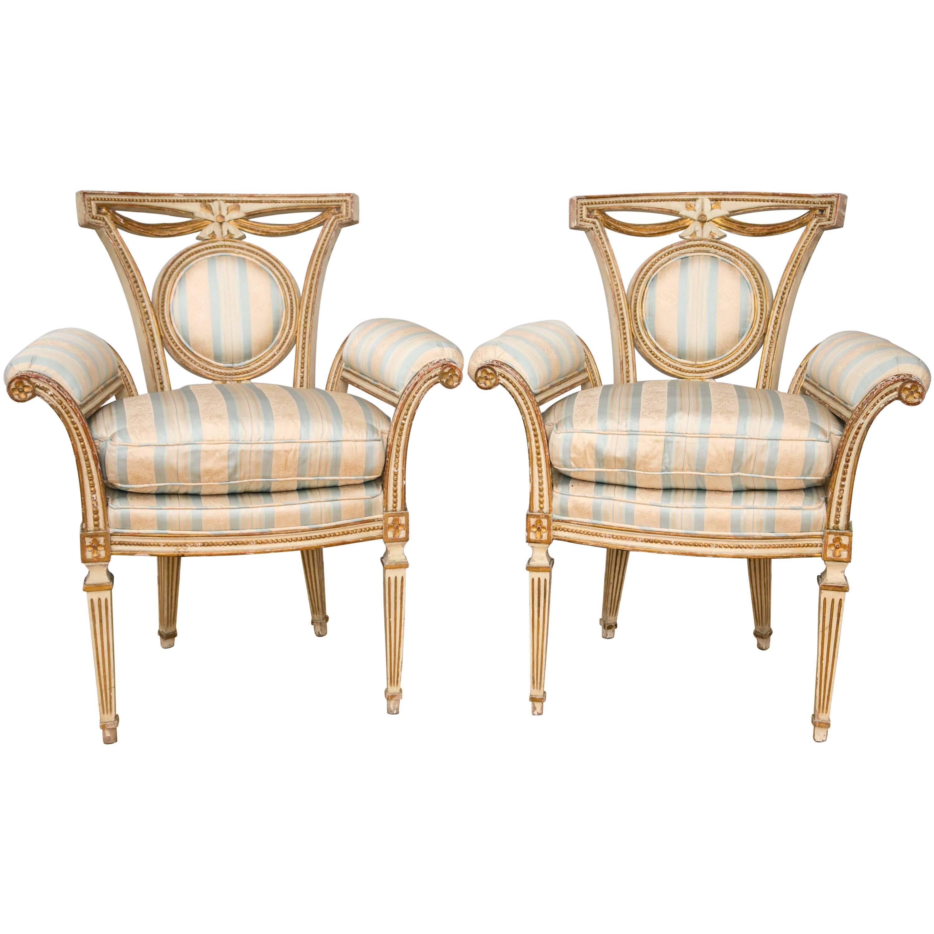 Pair of Louis XVI Style Parcel-Gilt Upholstered Fauteuils