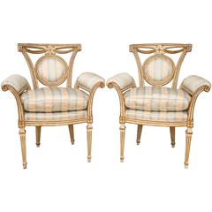 Pair of Louis XVI Style Parcel-Gilt Upholstered Fauteuils 1