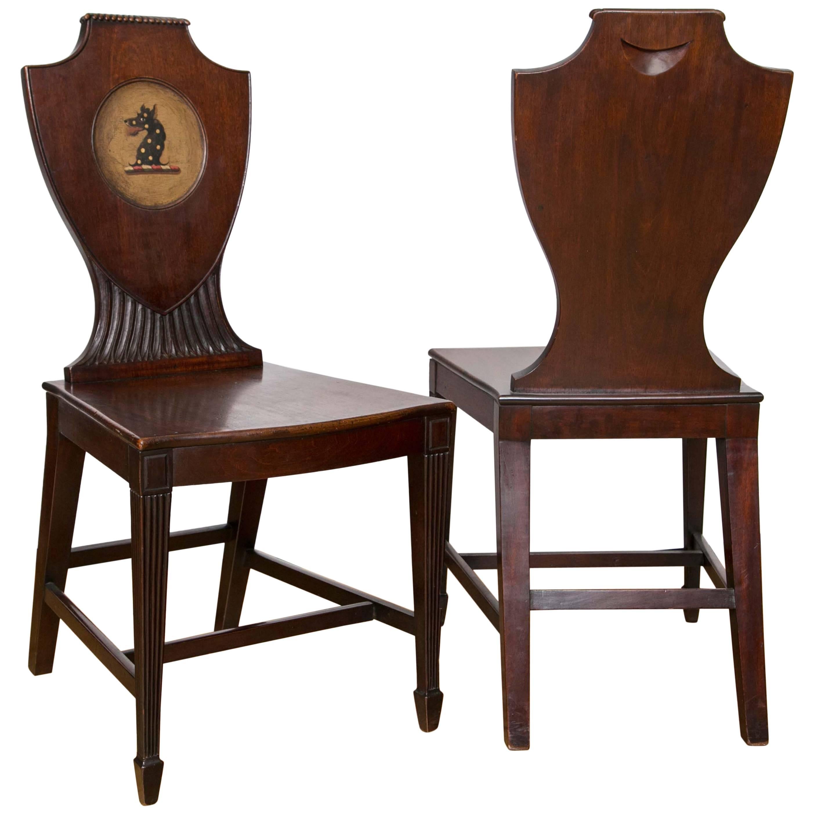 Pair of English Regency Era Painted Mahogany Hall Chairs For Sale at