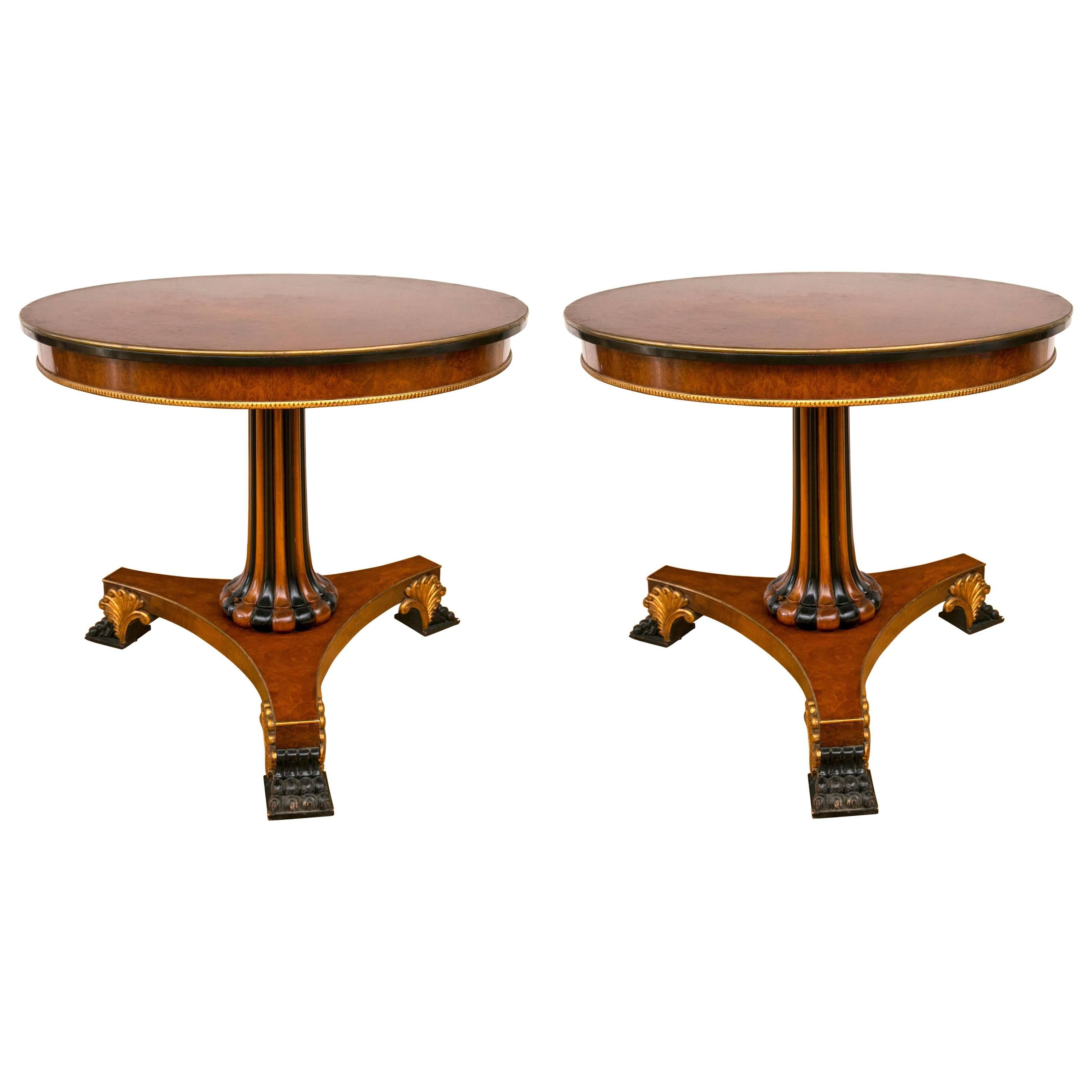 Pair of Regency Style Parcel Gilt and Ebonized Pedestal Tables