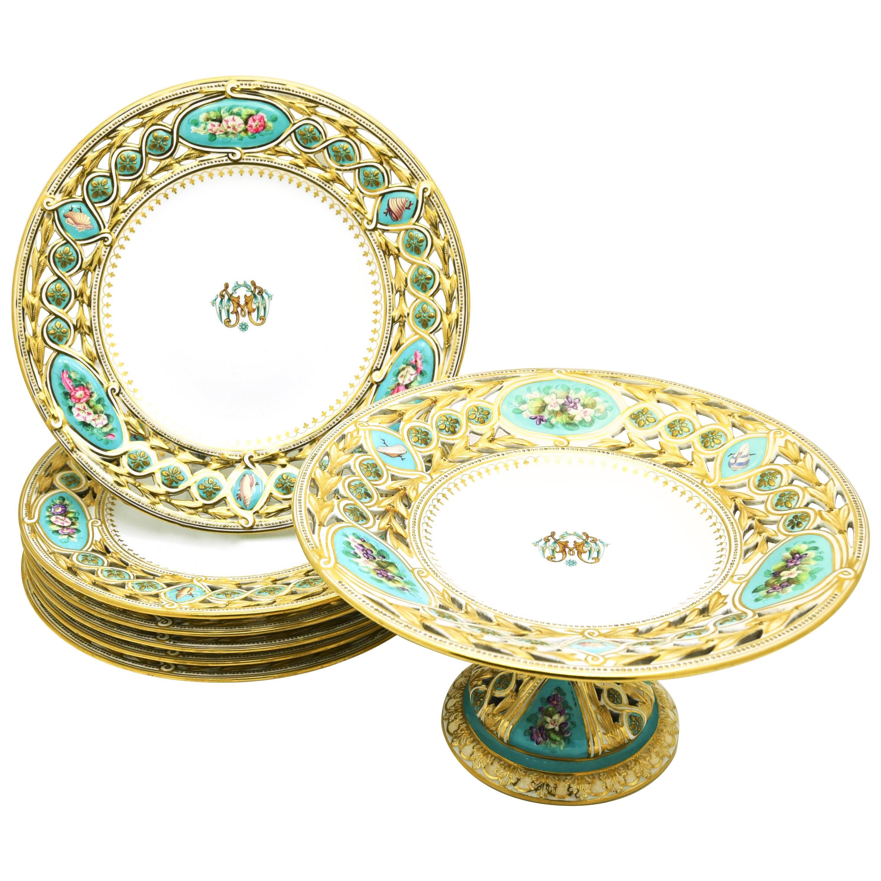 19th Century Worcester Hand-Painted Turquoise Partial Dessert Set