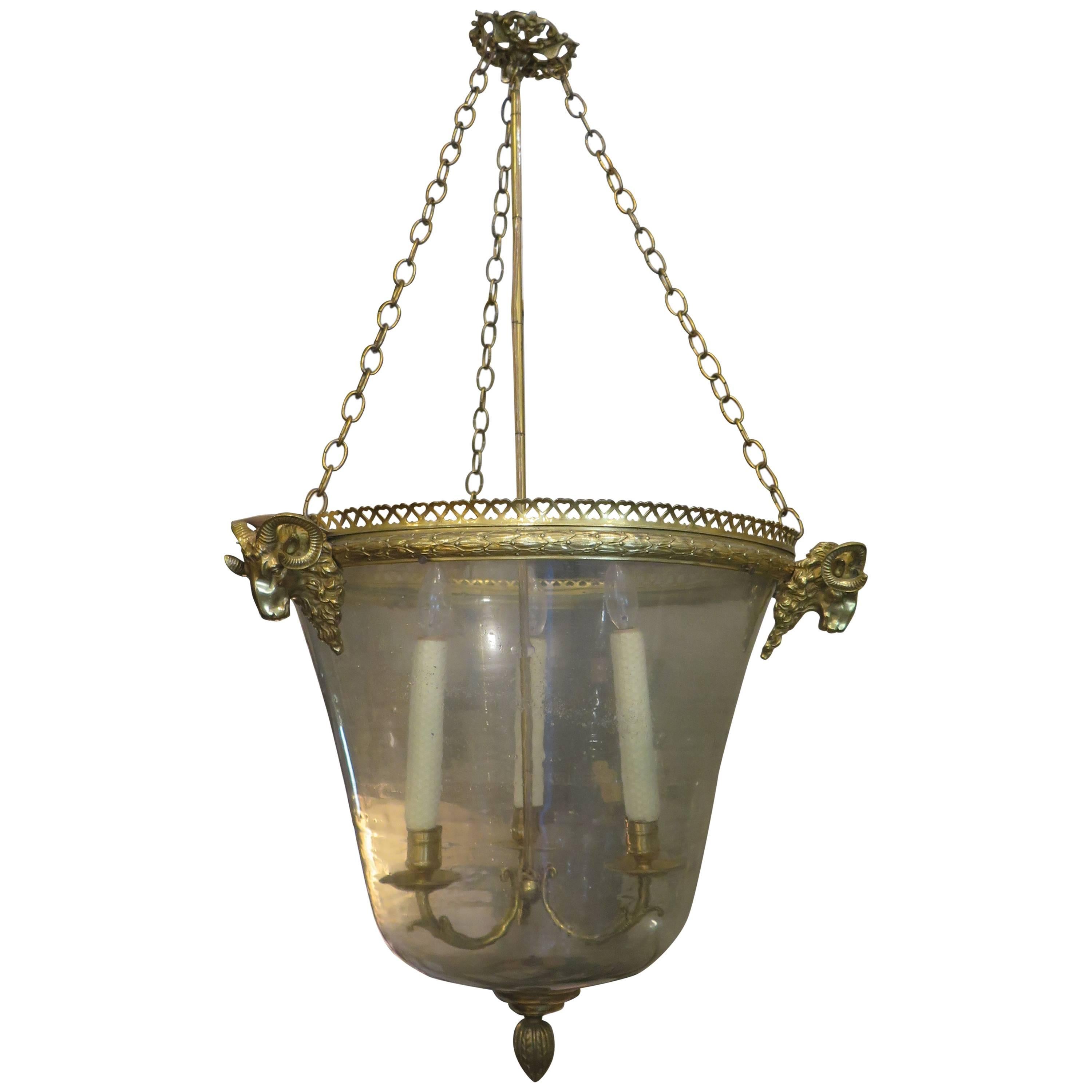 French Brass Pendant Light with Ram's Heads