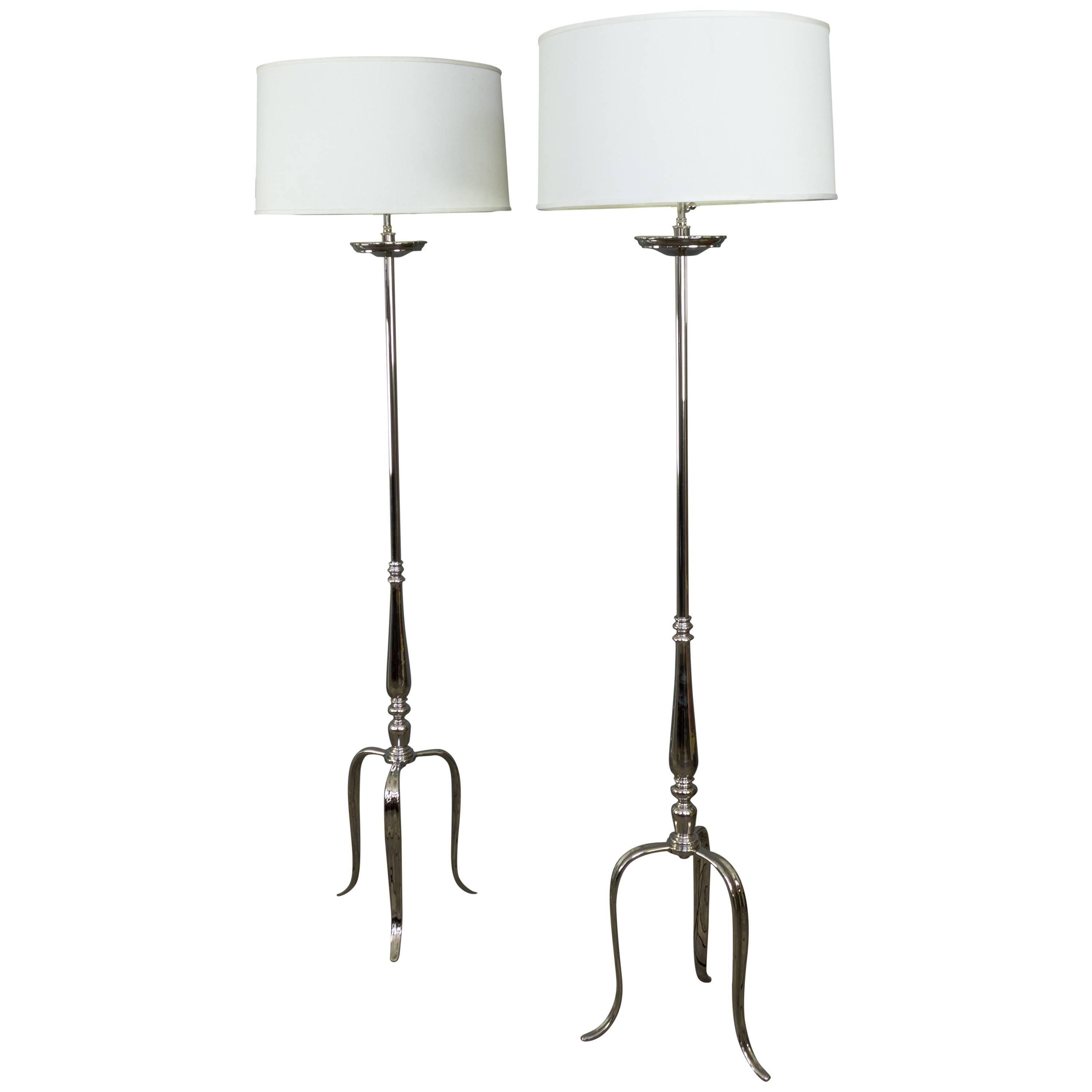 Pair of French 1950s Nickel-Plated Floor Lamps