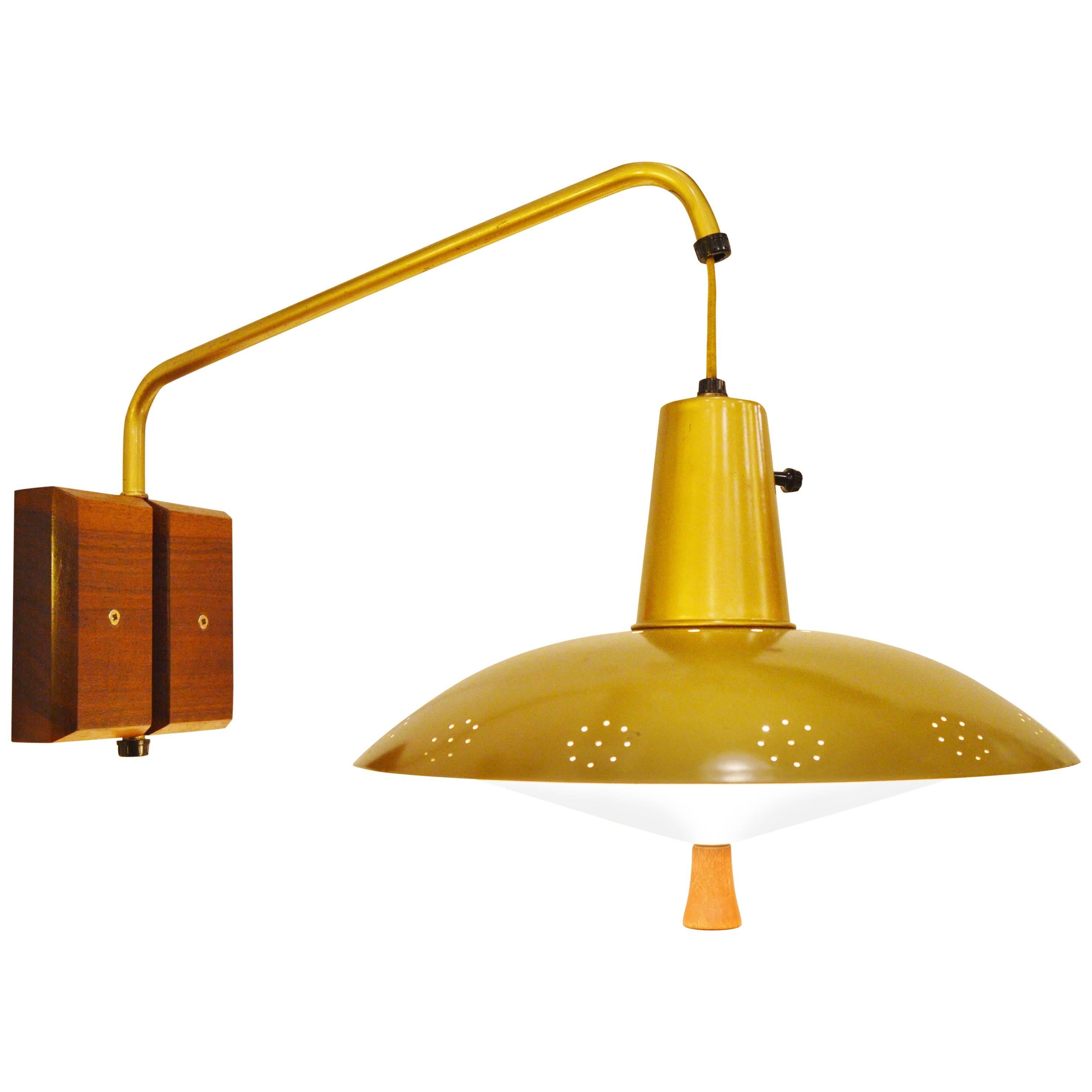 Scandinavian Teak Wall Mount Lamp with Brass and Fiberglass Pendant For Sale