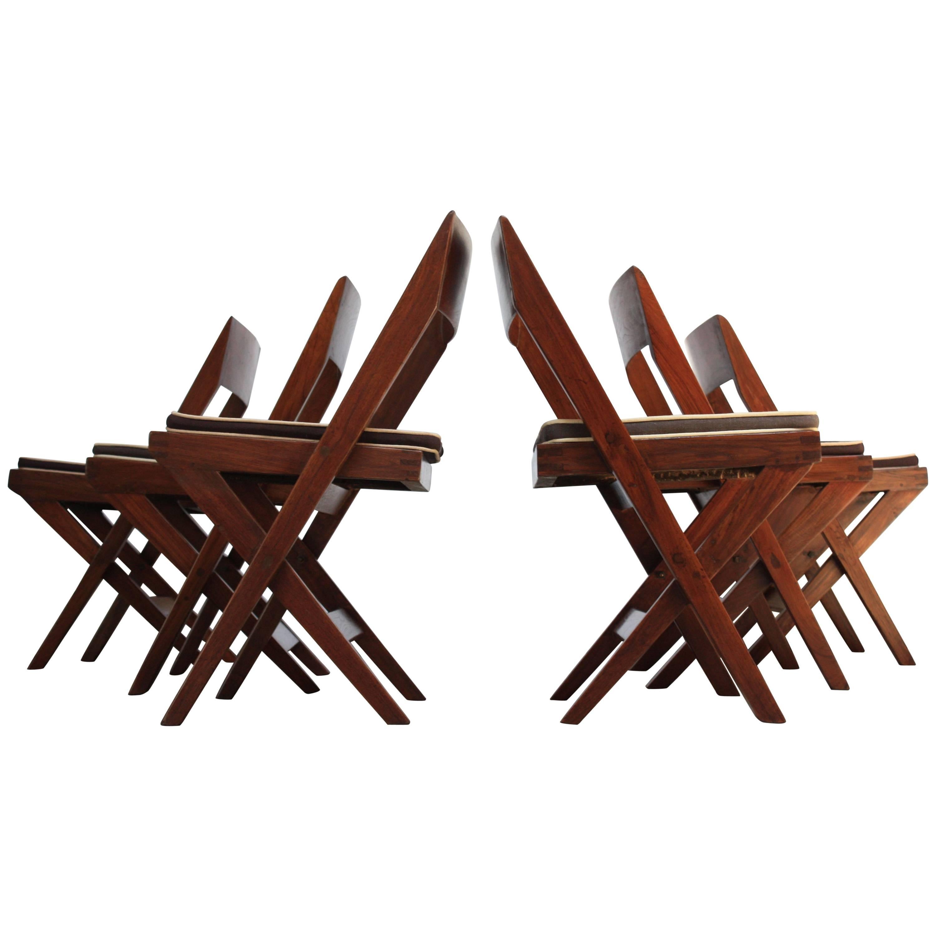 Set of Six Pierre Jeanneret Library Chairs in Teak and Cane