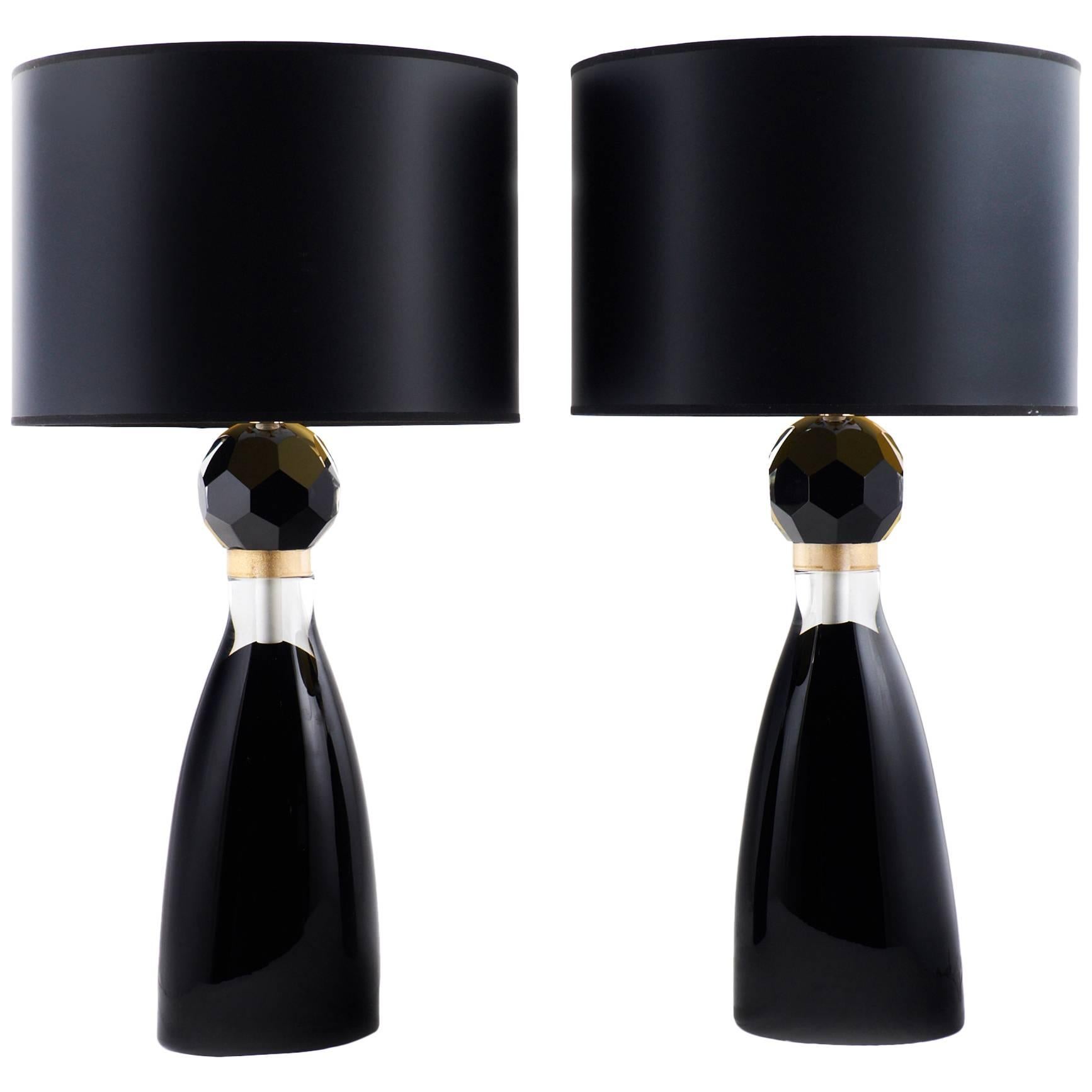 Murano Black Glass Pair of Table Lamps For Sale