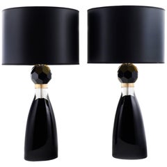 Murano Black Glass Pair of Table Lamps