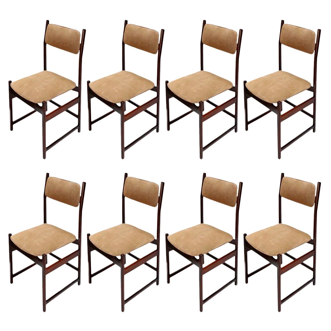 Set of L'Atelier Brazilian Jacaranda Wood 1960s Dining Chairs in Beige Suede