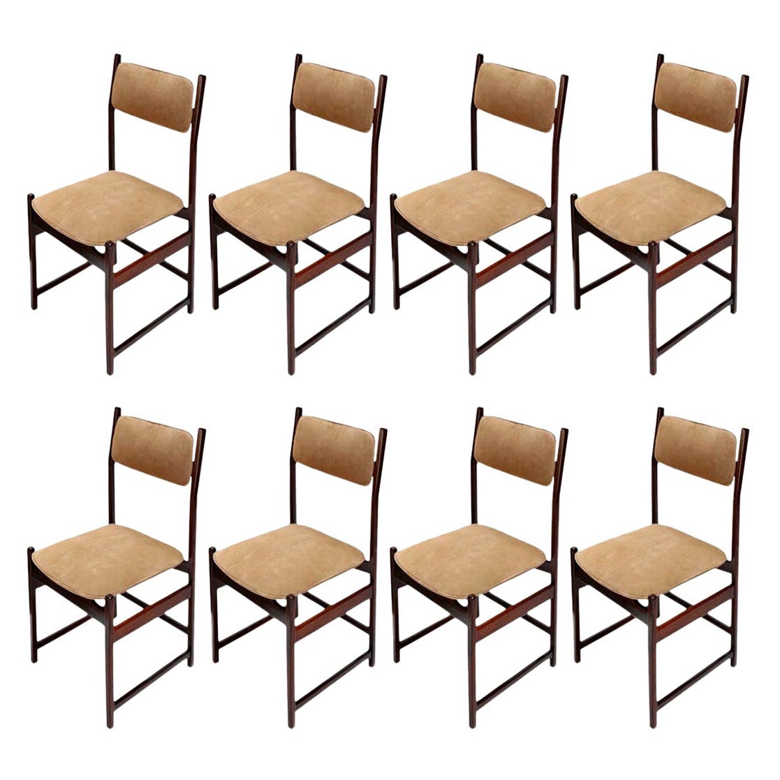 Set of L'Atelier Brazilian Jacaranda Wood 1960s Dining Chairs in Beige Suede