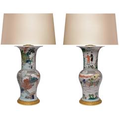 Pair of Famille Rose Porcelain Lamps