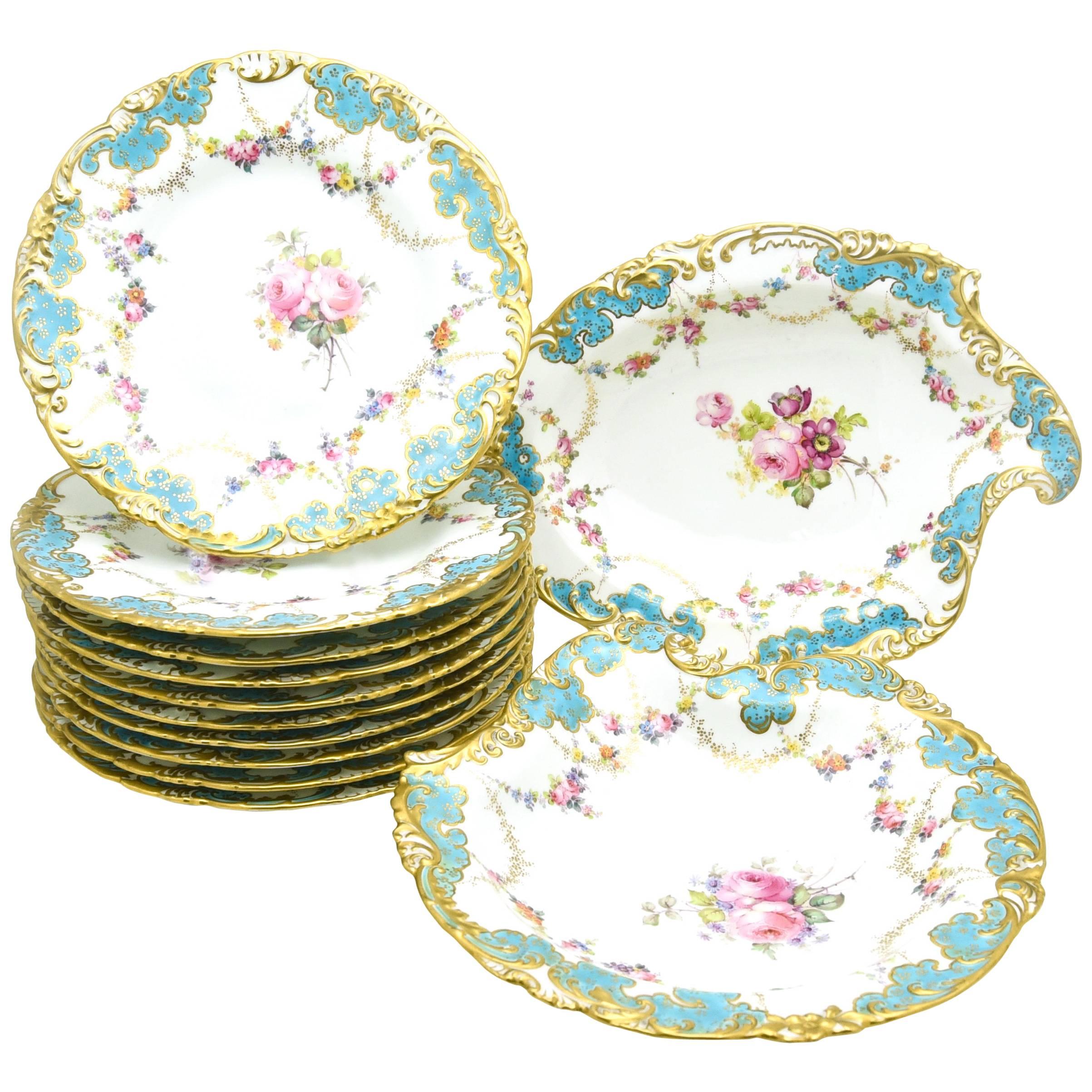 Royal Crown Derby Turquoise And Gold Hand Painted 14-Piece Dessert Service