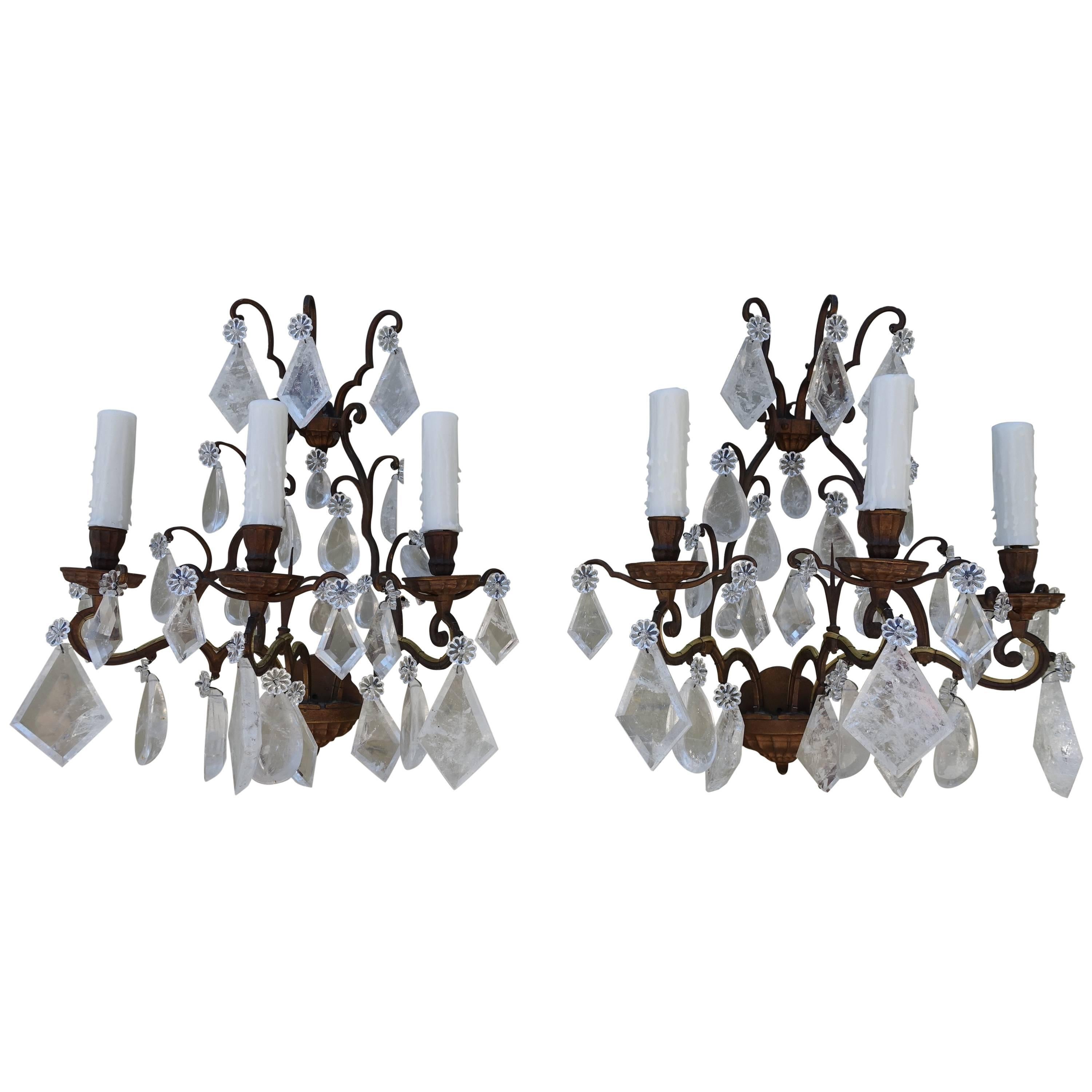 Pair of French Bronze Rock Crystal Sconces For Sale