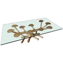 Metal Faux Bois 1960s Coffee Table with Gold Leaves and Glass Top