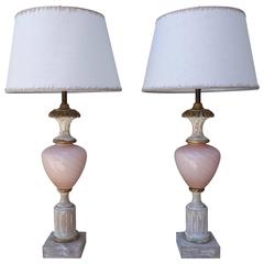 Pair of Italian Carved Wood and Pink Glass Lamps with Linen Shades