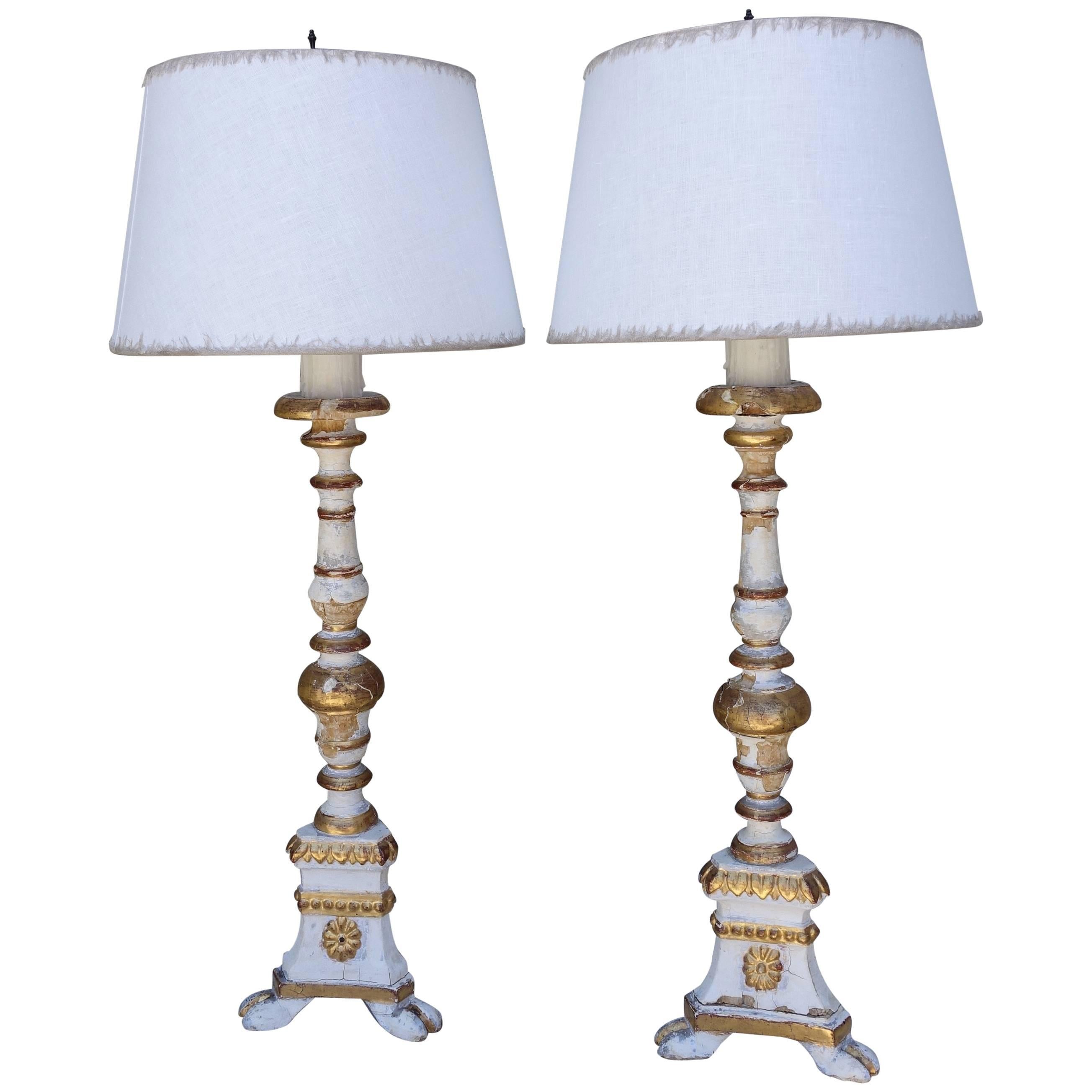 19th Century, Italian Painted and Parcel Gilt Lamps with Linen Shades