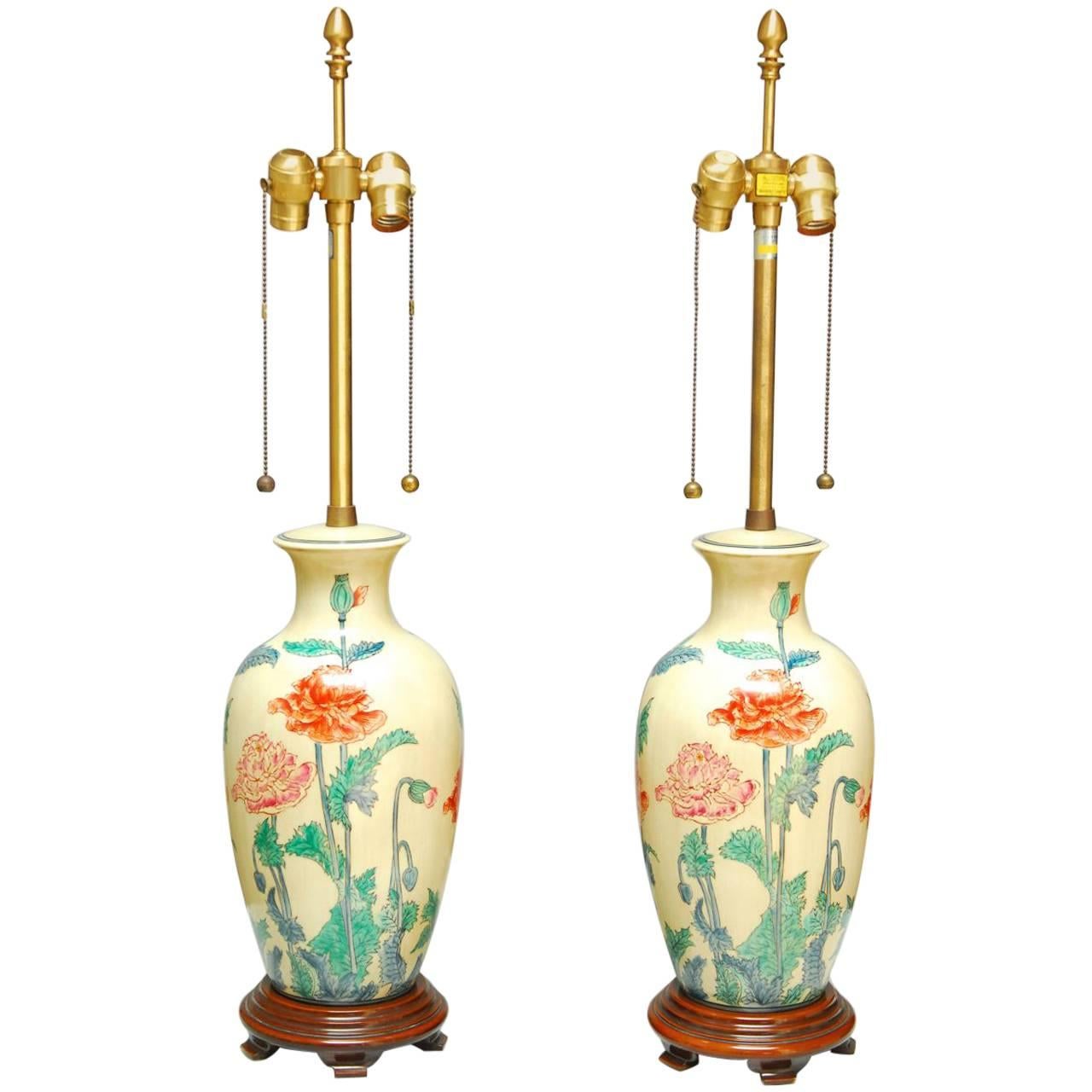 Pair of Marbro Ceramic Floral Vase Table Lamps