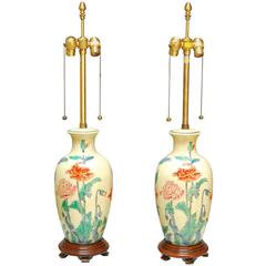 Pair of Marbro Ceramic Floral Vase Table Lamps