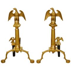 Pair of Cast Brass Federal Style Eagle Andirons