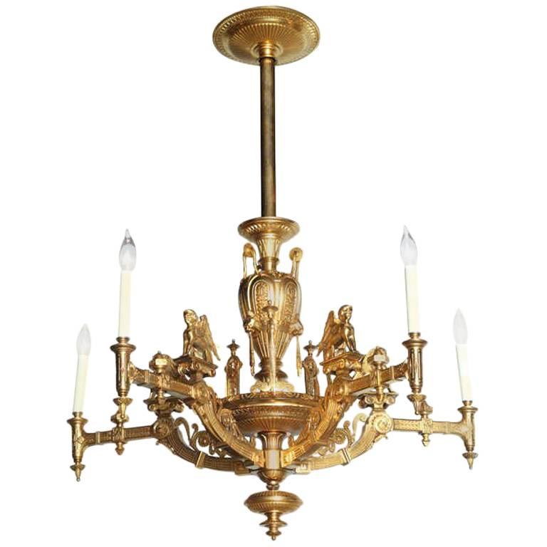 French Empire Style Gilt Bronze Five-Light Chandelier, 1880 For Sale