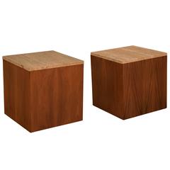 Mid-Century Travertine and Walnut Cube End Tables