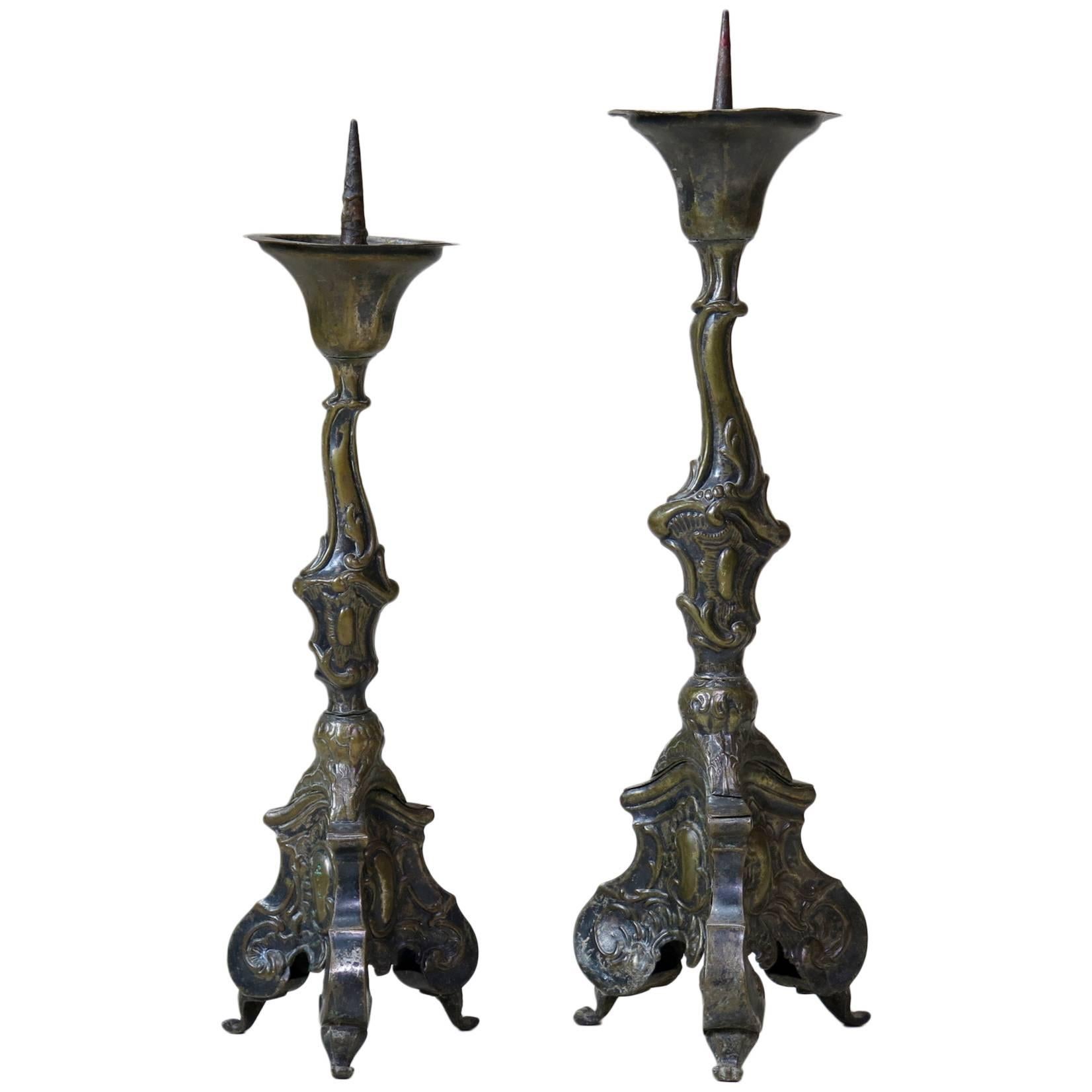 Pair of Louis XV Style Repoussé Copper Candlesticks, France, circa 1850s For Sale