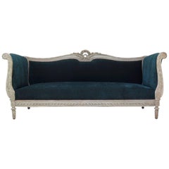 Louis XVI Style Teal Velvet Upholstered Settee, France, 19th Century