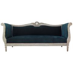 Louis XVI Style Teal Velvet Upholstered Settee, France, 19th Century 10