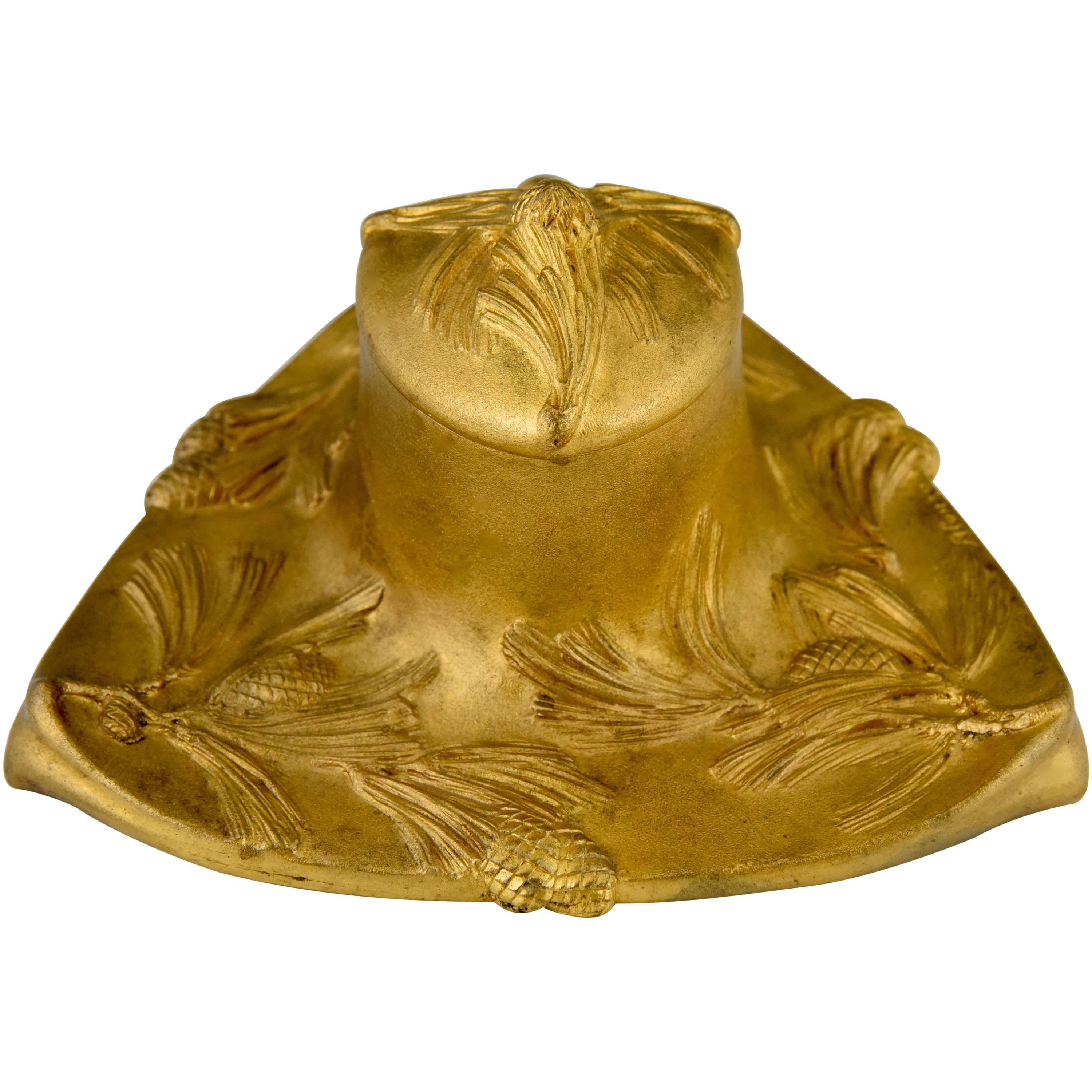Art Nouveau Gilt Bronze Inkwell with Pine Cones by D. Alonzo