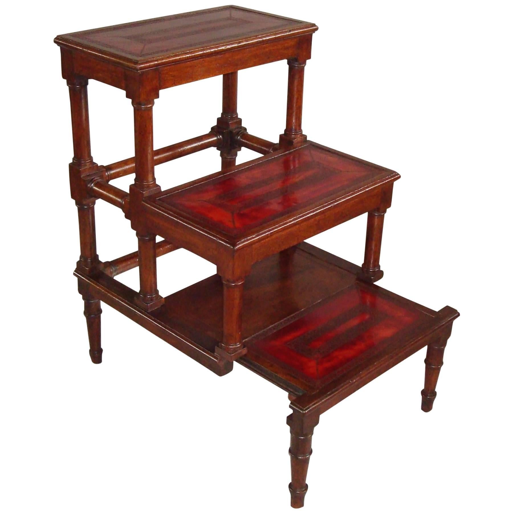 George III Mahogany Library Steps with Red Leather Treads