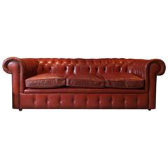 Vintage Style Chesterfield Sofa Three-Seat Settee Red Leather Button-Back