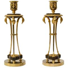 Pair of Empire Gilt and Patinated Bronze Candlesticks, Early 19th Century