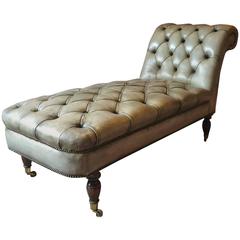 Antique Style Chesterfield Chaise Longue Leather Button-Back in Grey Green