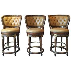 Set of Three French Antique Louis XV Style Mahogany Leather Bar Stools