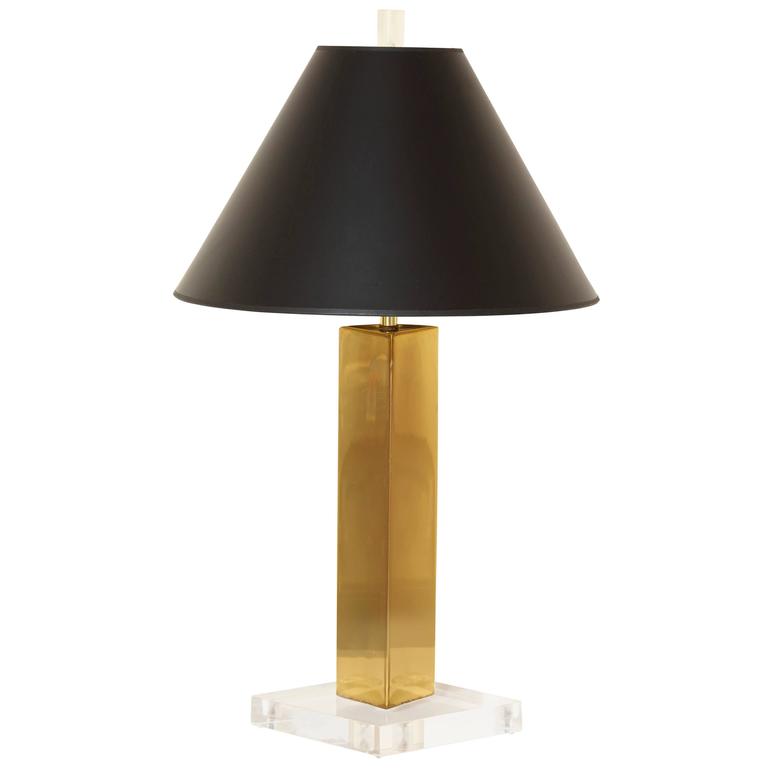 Brass Geometric Table Lamp with Shaped Lucite Base, Lucite Finial at