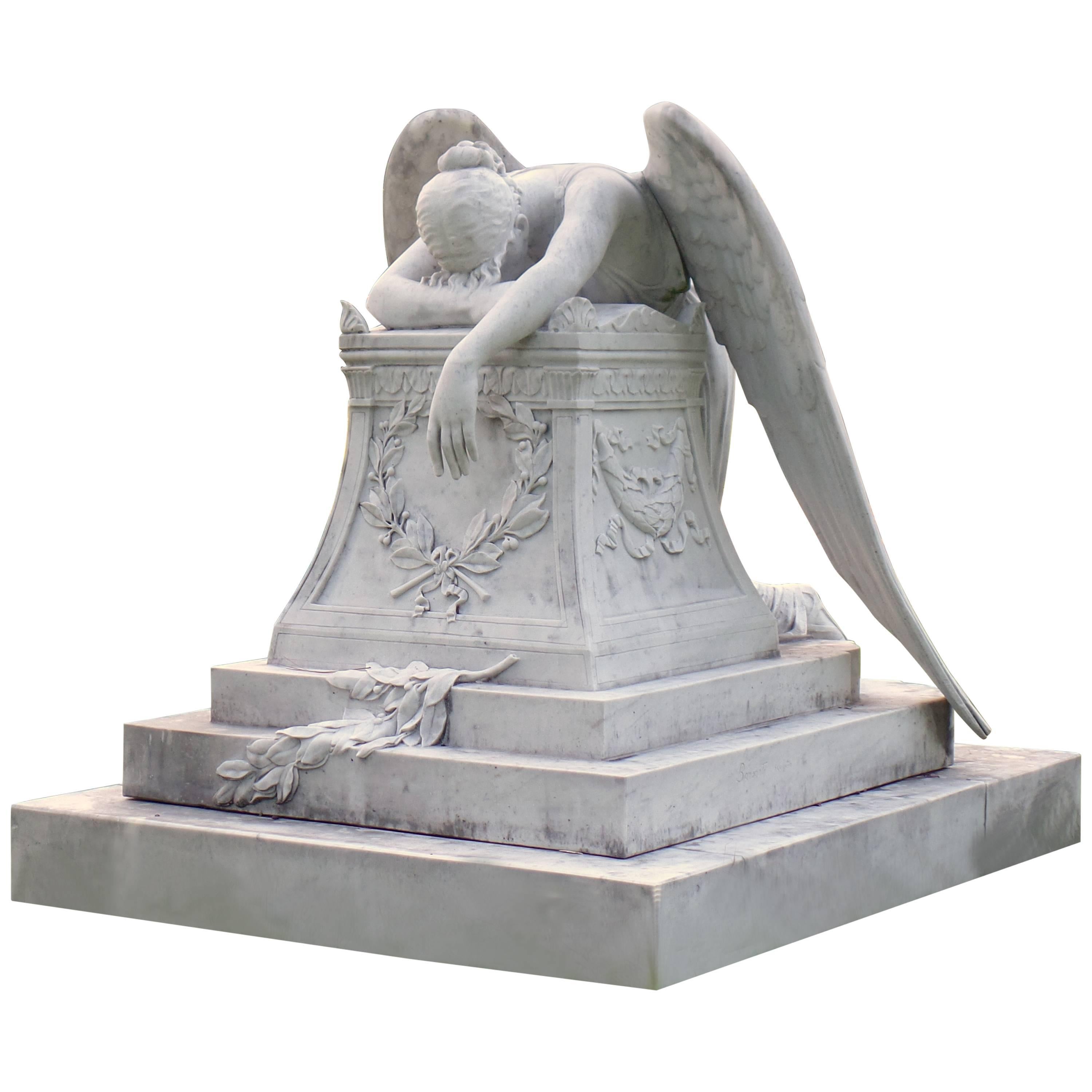 White Carrera Marble Angel of Grief Statue, hand-carved reproduction For Sale