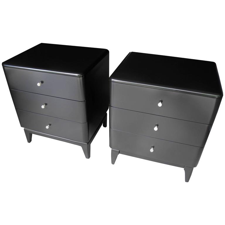MidCentury Modern Black Nightstands with Porcelain Knobs by Heywood
