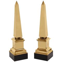 Pair of 1970s Tall Brass Obelisks Supported on Black Painted Plinths