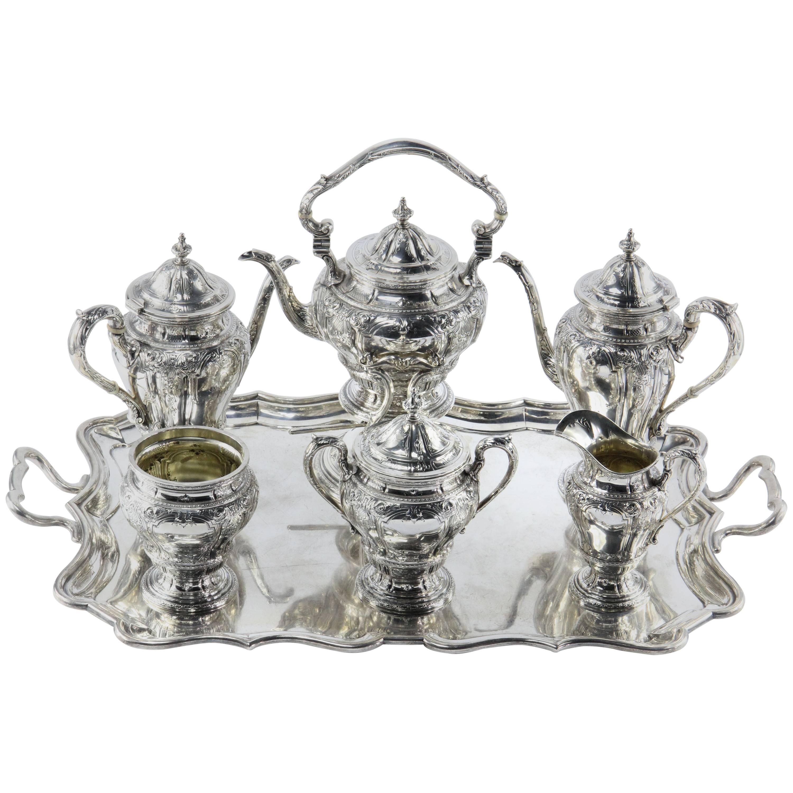 Black Starr and Frost Seven-Piece Tea Set with Herbert Lambert Tray For Sale