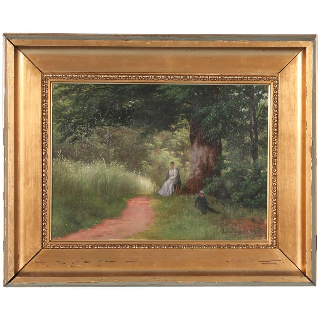Antique Oil on Canvas Painting of Mother and Son, Denmark, circa 1900
