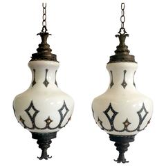 Pair of White Opaline Glass and Bronze Painted Moorish Pendant Lights