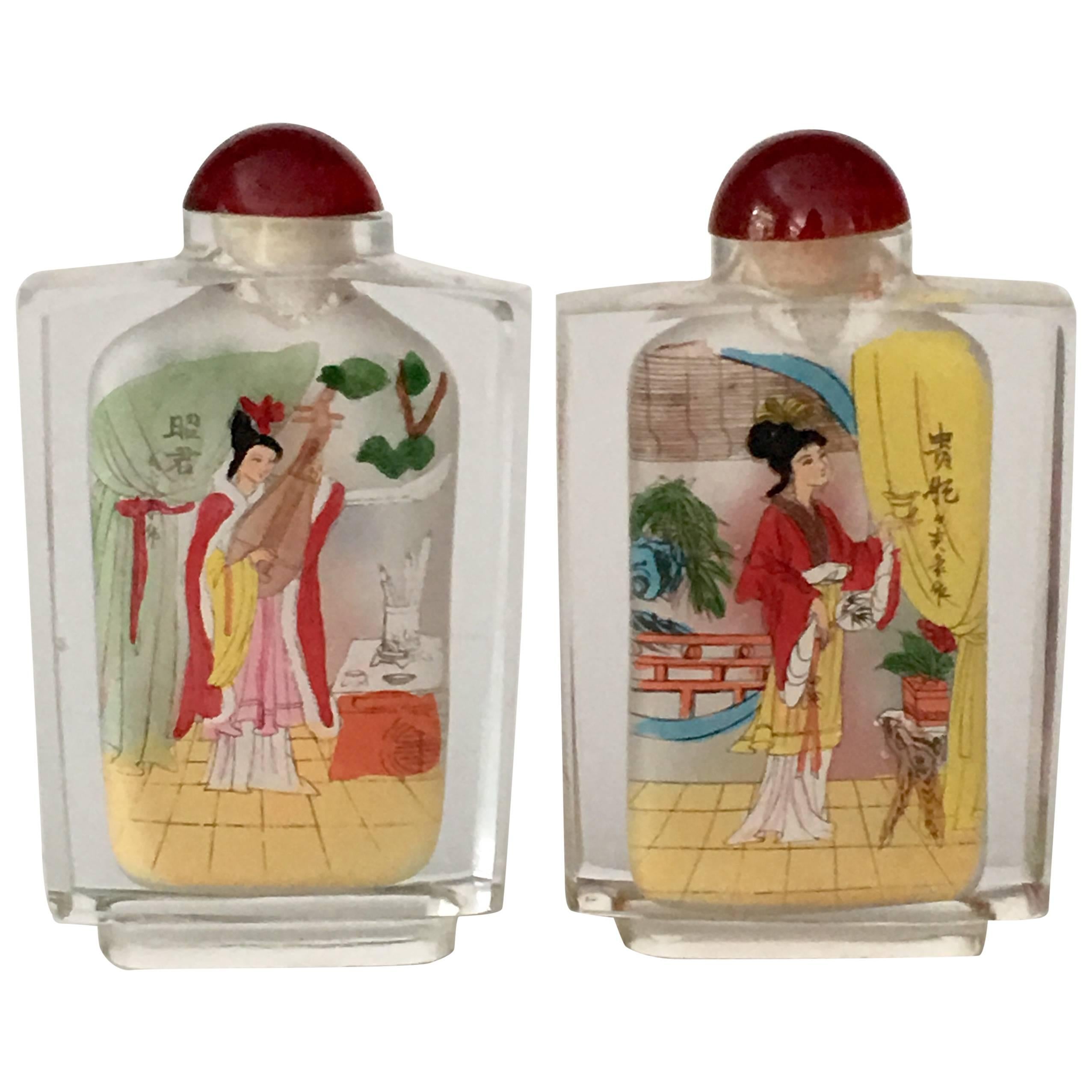Pair of Antique Chinese Reverse Painted Glass "Geisha" Snuff Bottles