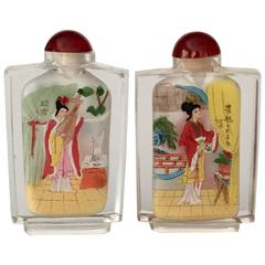 Pair of Antique Chinese Reverse Painted Glass "Geisha" Snuff Bottles