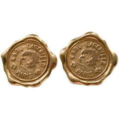 Vintage Karl Lagerfeld Paris Gold Plate Wax Seal "Self Portrait" Earrings