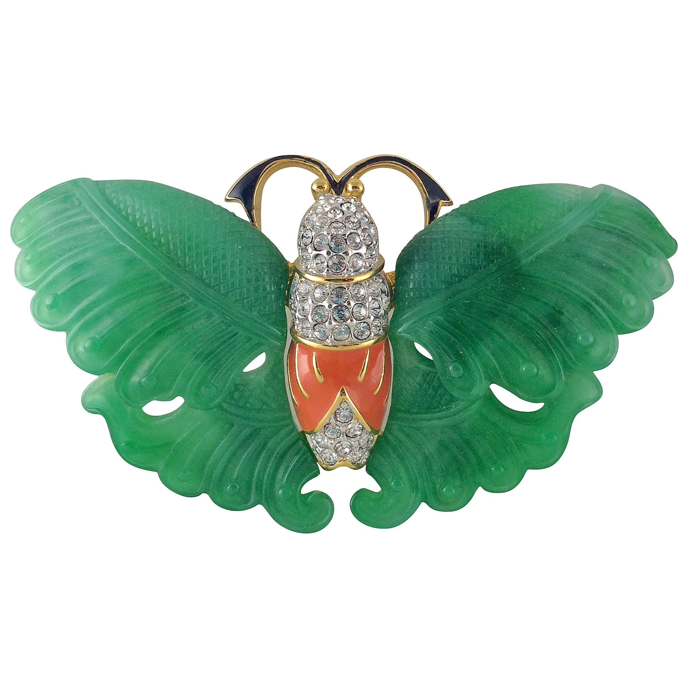 Kenneth J Lane Gold Carved Jade and Coral Butterfly Brooch