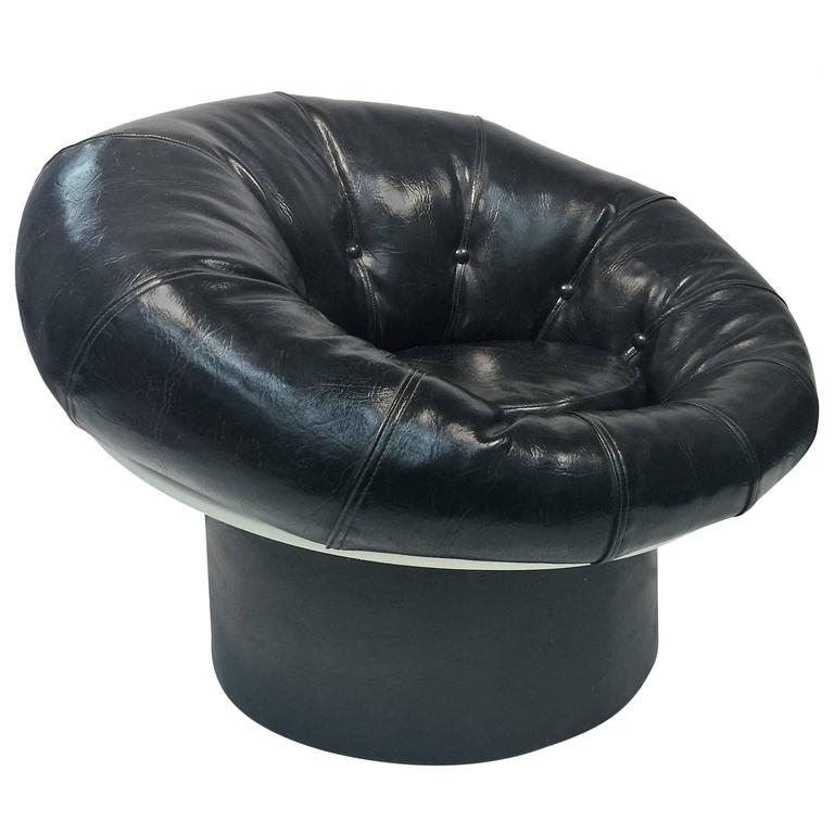 Mod Glossy Black Leatherette and Fiberglass Pouf Chair in Style of Joe