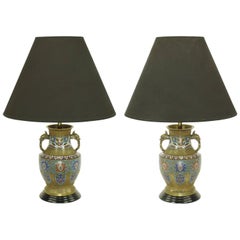 Antique Pair of Japanese Brass Champlevé Cloisonné Urn-Form Table Lamps