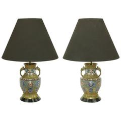 Pair of Japanese Brass Champlevé Cloisonné Urn-Form Table Lamps 1