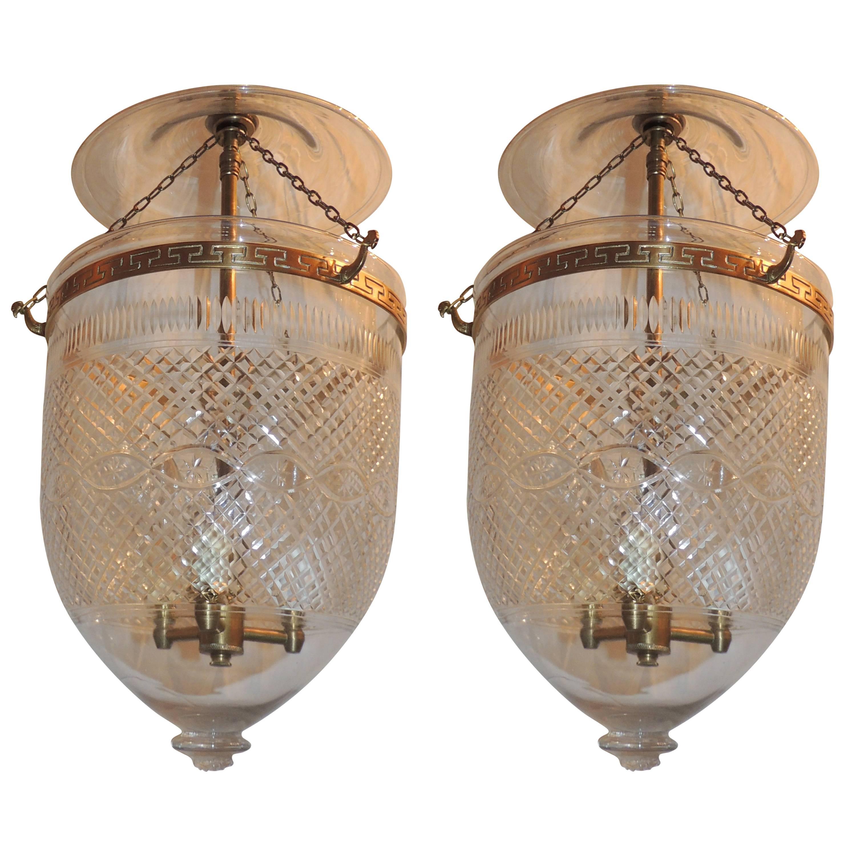 Wonderful Pair Cut Glass & Etched Diamond Crystal Bell Jar Lanterns Brass Bronze