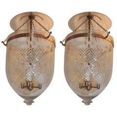 Vintage Wonderful Pair Cut Glass & Etched Diamond Crystal Bell Jar Lanterns Brass Bronze