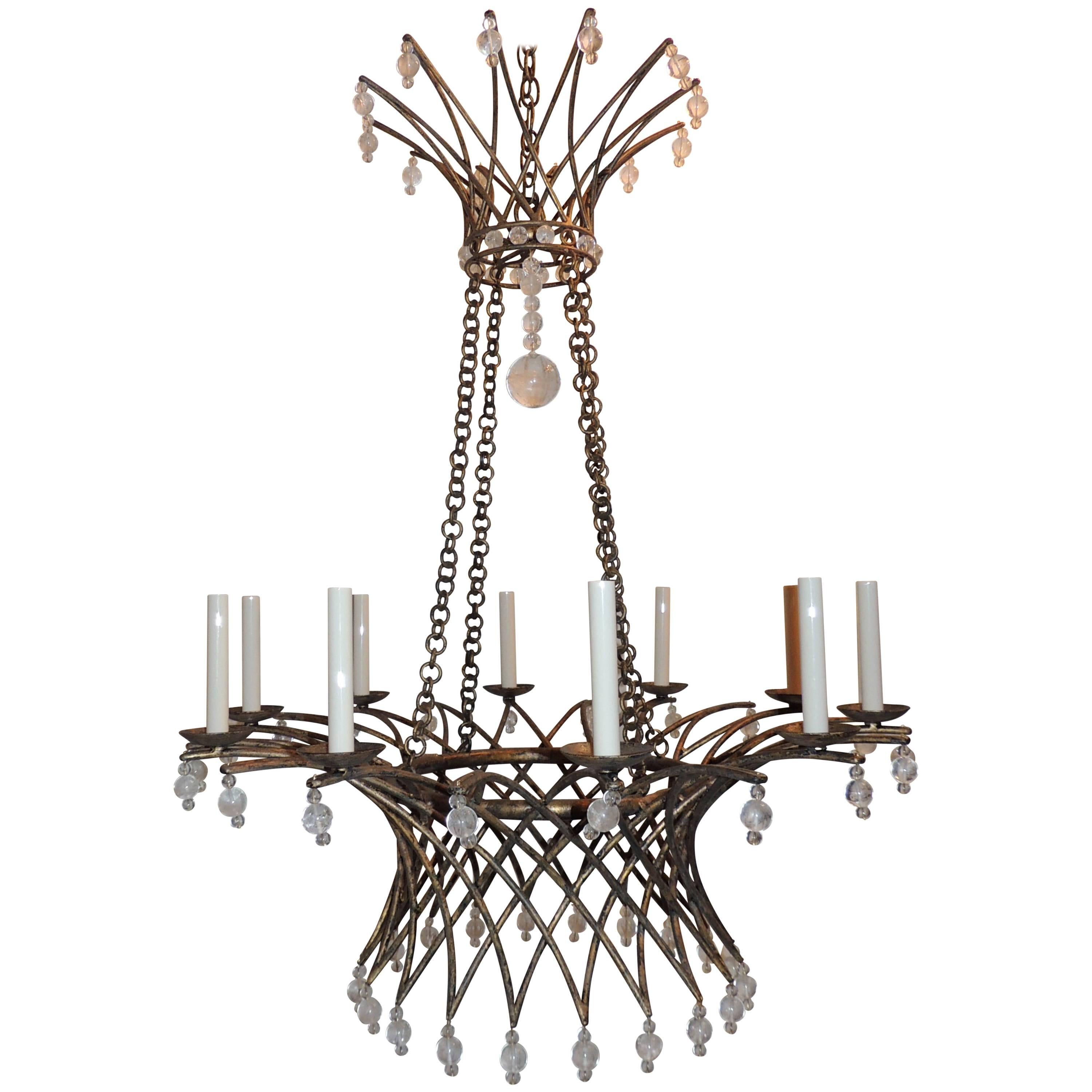 Wonderful Gilt Basket Chandelier Jansen Ten Lights Crystal Bead Fixture For Sale